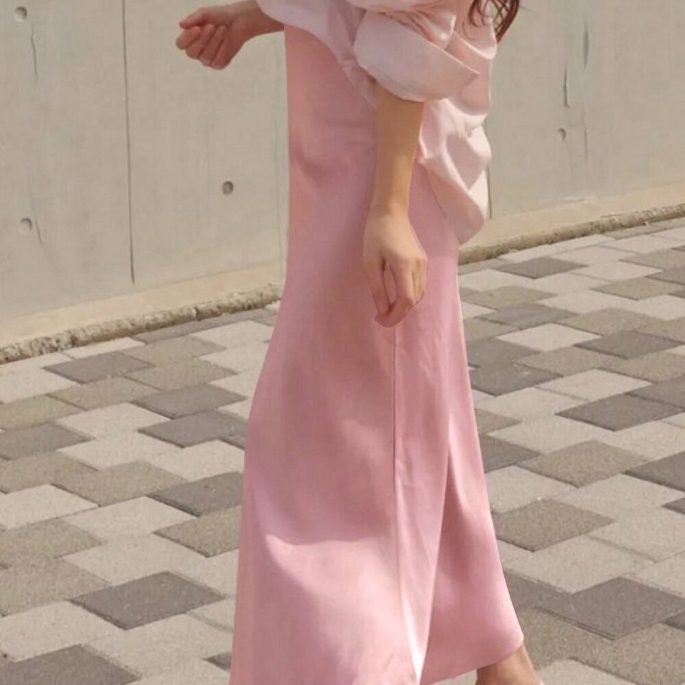 Pink Casual Women's Elastic High Waist Satin Zipper Back Mermaid Hem Skirt - Picture 2 of 5